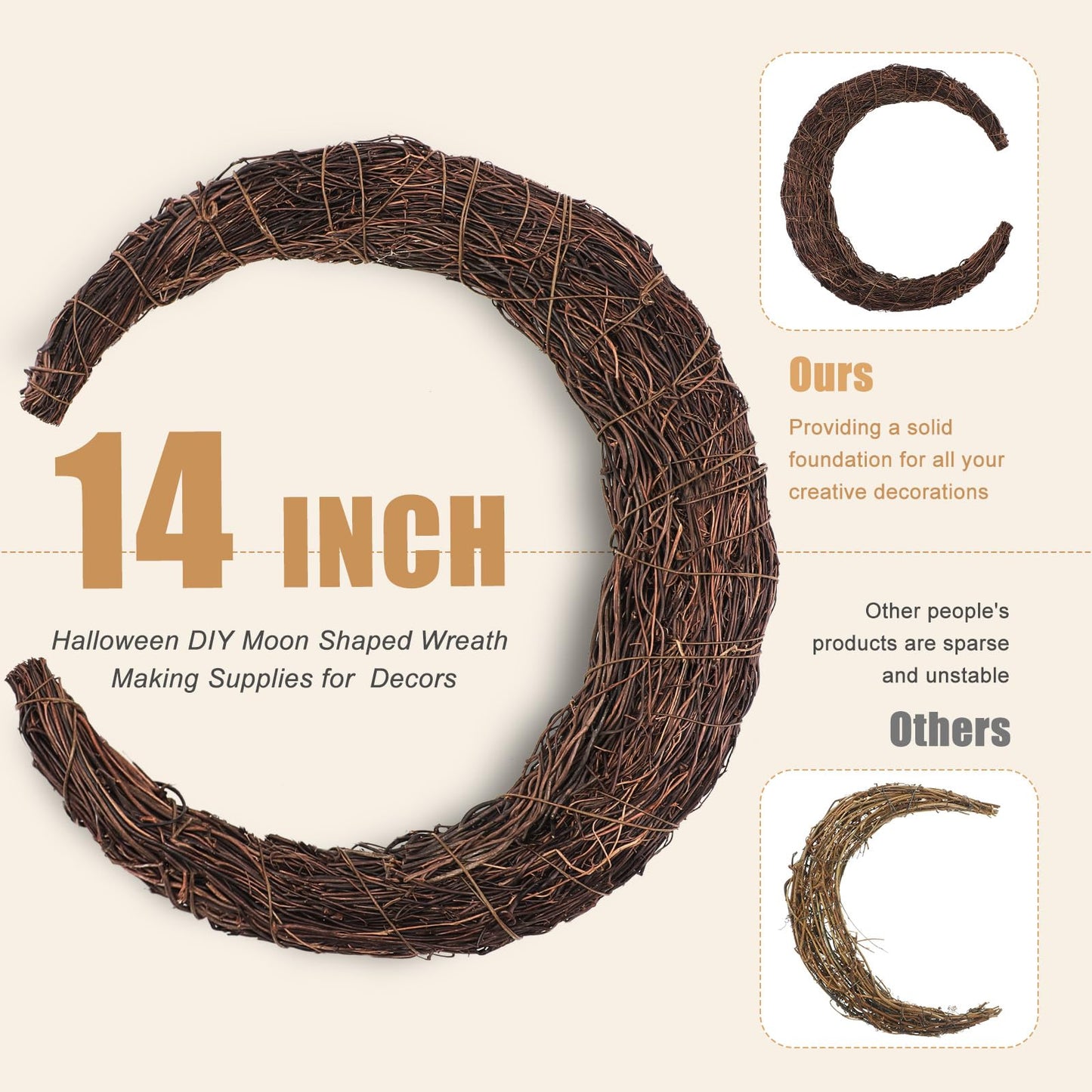 Temfmy Moon Wreath - 14 Inch Crescent Moon Natural Grapevine Wreaths Base - DIY Half Moon Shaped Wreath Making Supplies for Decor - 2 Pack