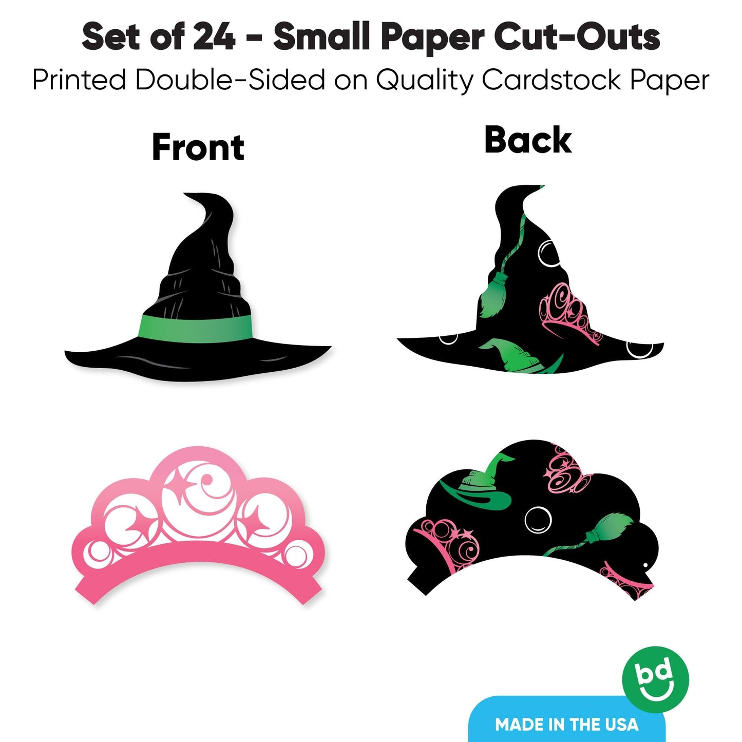 Big Dot of Happiness Witch Small Paper Cutouts, DIY Good Pink and Green Birthday or Witch Halloween Party Decor Craft for Girls, Green Witch Hat & Pink Crown Shaped Cut-Outs - 24 Ct