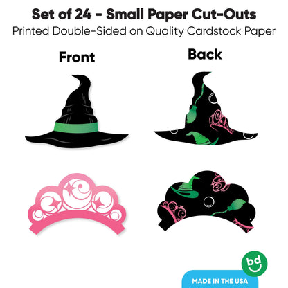 Big Dot of Happiness Witch Small Paper Cutouts, DIY Good Pink and Green Birthday or Witch Halloween Party Decor Craft for Girls, Green Witch Hat & Pink Crown Shaped Cut-Outs - 24 Ct