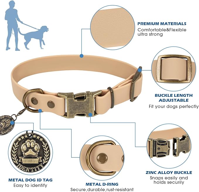 Wisedog Waterproof Dog Collar and Leash Set, S, Sand Color | Adjustable Puppy Collar, Cute Tag, 4FT Dog Leash, Includes Poop Bag, For Small Medium Large Dogs