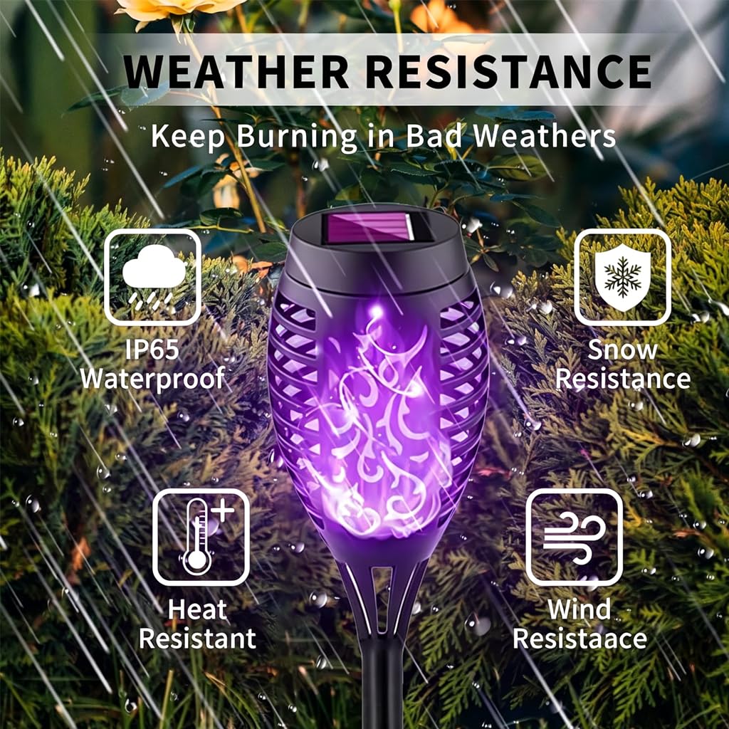 HSKMNFCQF 4 Pack Solar Flame Lights Outdoor, Flickering Flame Torch Lights, IP65 Waterproof Solar Powered Garden Lights for Patio Lawn Yard Pathway Decor (Purple)