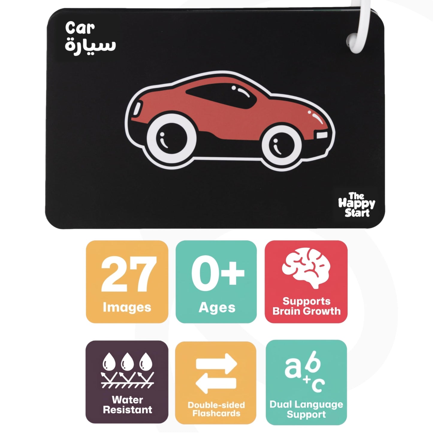 Happy Start High Contrast Baby Cards for Newborns - Black & White Cards, Water-Resistant, BPA-Free, Portable Educational Flashcards for Visual Stimulation, Award-Winning, Ages 0+ (English & Arabic)