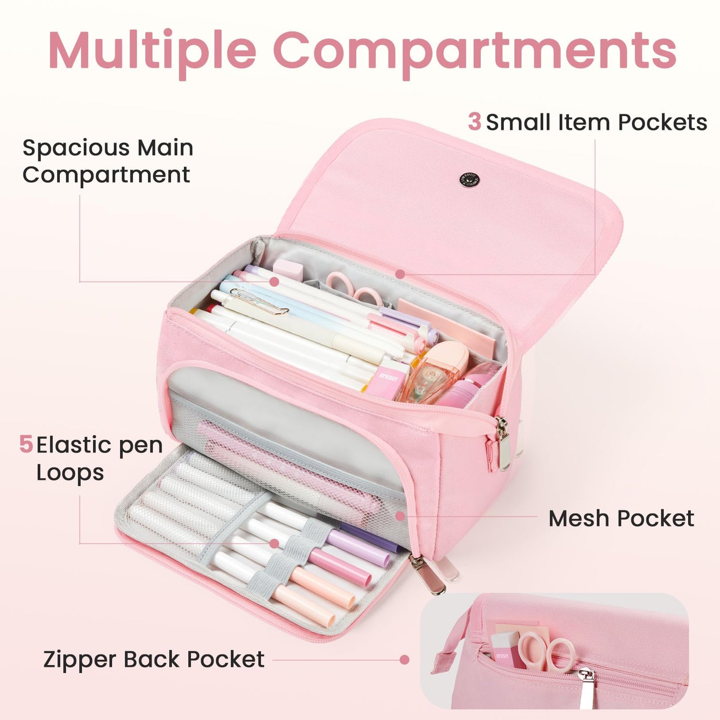 Sooez Super Large Pencil Case, Big Capacity Pencil Bag with 3 Compartments, Aesthetic Pencil Pouch with Zipper, Pencil Case Organizer, Aesthetic School Study Supplies Stuff, Black