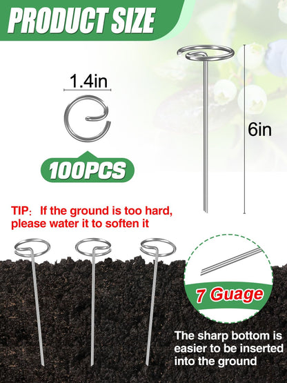 100 Pcs 7 Gauge Thickened Graden Fabric Stakes - 6in Heavy Duty Galvanized Landscape Staples, Circle Top Ground Pins for Securing Lawn Weed Barrier Fabric Cover