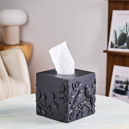 Black Marble Relief Birds Square Tissue Box Cover Decorative,Resin Heavy Sturdy Tissue Box Holder, Facial Paper Holder for Bathroom Vanity Countertop, Bedroom Night Stand,Office and End Table