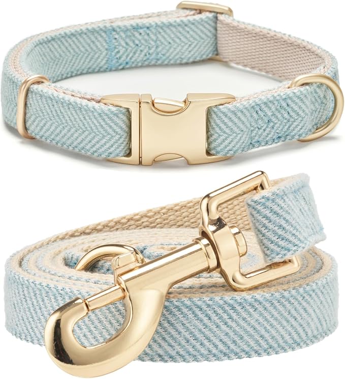 Soft Dog Collar and Leash Set Adjustable Woven Tweed Dog Collars with Metal Buckle and Lead for Small Medium Large Dogs,Blue
