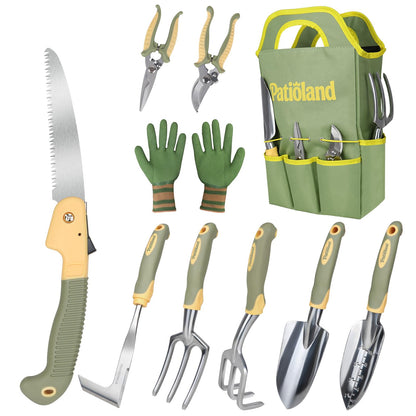 10-Piece Garden Tool Set, Green Gardening Hand Tools Kit with Ergonomic Non-Slip Handles, Heavy Duty Rust-Proof Aluminum Tools, Organizer Tote Bag & Gloves, Ideal Garden Gifts for Women and Men