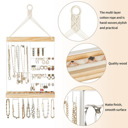 Mkono Key Holder for Wall Decorative Small Macrame Key Holder Boho Home Decor and Hanging Jewelry Organizer Wall Mounted Metal Necklace Holder Wood Shelf with 55 Holes and 7 Hooks Display Rack