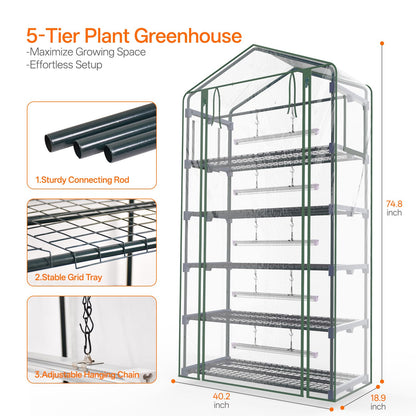 Bstrip Indoor Greenhouse with Grow Light, 5-Tier Large Green House, 5Pcs Grow Lights for Seed Starting with Timer, PVC Tent with Airflow Windows, Indoor Greenhouse Cabinet 40.2x18.9x74.8in