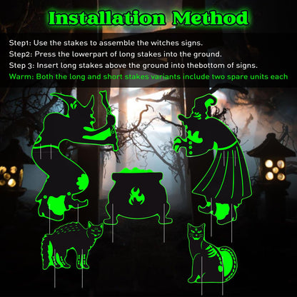Halloween Yard Signs Decorations Outdoor - 5 Pack Large PVC Witch with Glow in The Dark, Warerproof Black Cat and Cauldron Decor, Halloween Decor with Stakes for Lawn Garden