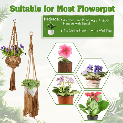 Wovnet 4 Packs Macrame Plant Hangers with Tassels Boho Crochet Hanging Plant Basketball for Indoor Outdoor Plant Hanger with 4 S Shaped Hooks for Home Decor Window Flower Pot(Brown)