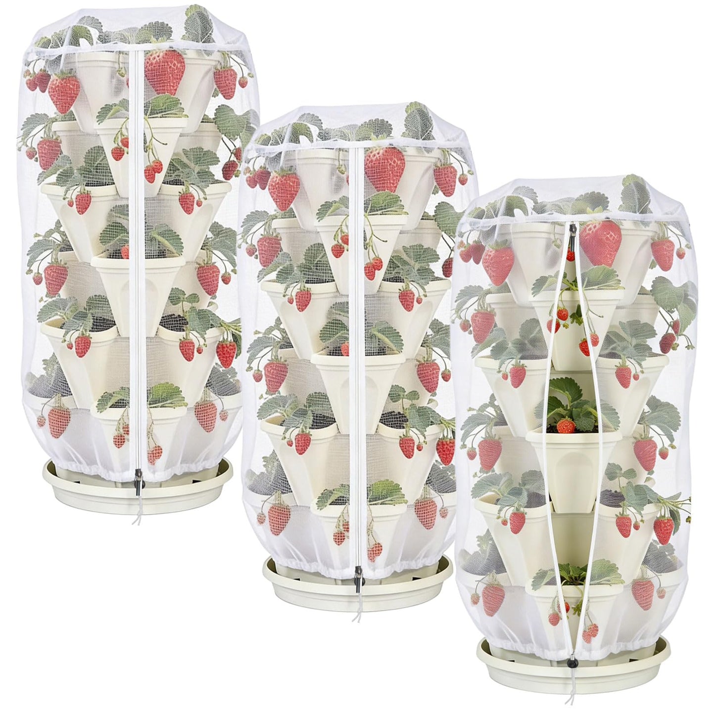 3Pack 41" x 20" Vertical Strawberry Pot Netting, Plant Pot Insect Netting with Zipper & Drawstring, Bird Barrier Planter Pot Garden Net Round Cover for 5-Tier Stackable Strawberry Fruit Vegetable