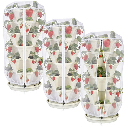 3Pack 41" x 20" Vertical Strawberry Pot Netting, Plant Pot Insect Netting with Zipper & Drawstring, Bird Barrier Planter Pot Garden Net Round Cover for 5-Tier Stackable Strawberry Fruit Vegetable