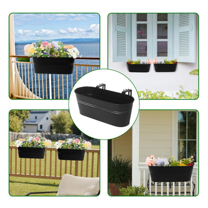 Holensun Railing Planter Box 16 Inch Metal Balcony Planters with Adjustable Brackets and Drainage Window Balcony Fence Deck Hanging Flower Pots for Outdoor Plants Apartment Patio Decor Black(4PCS)