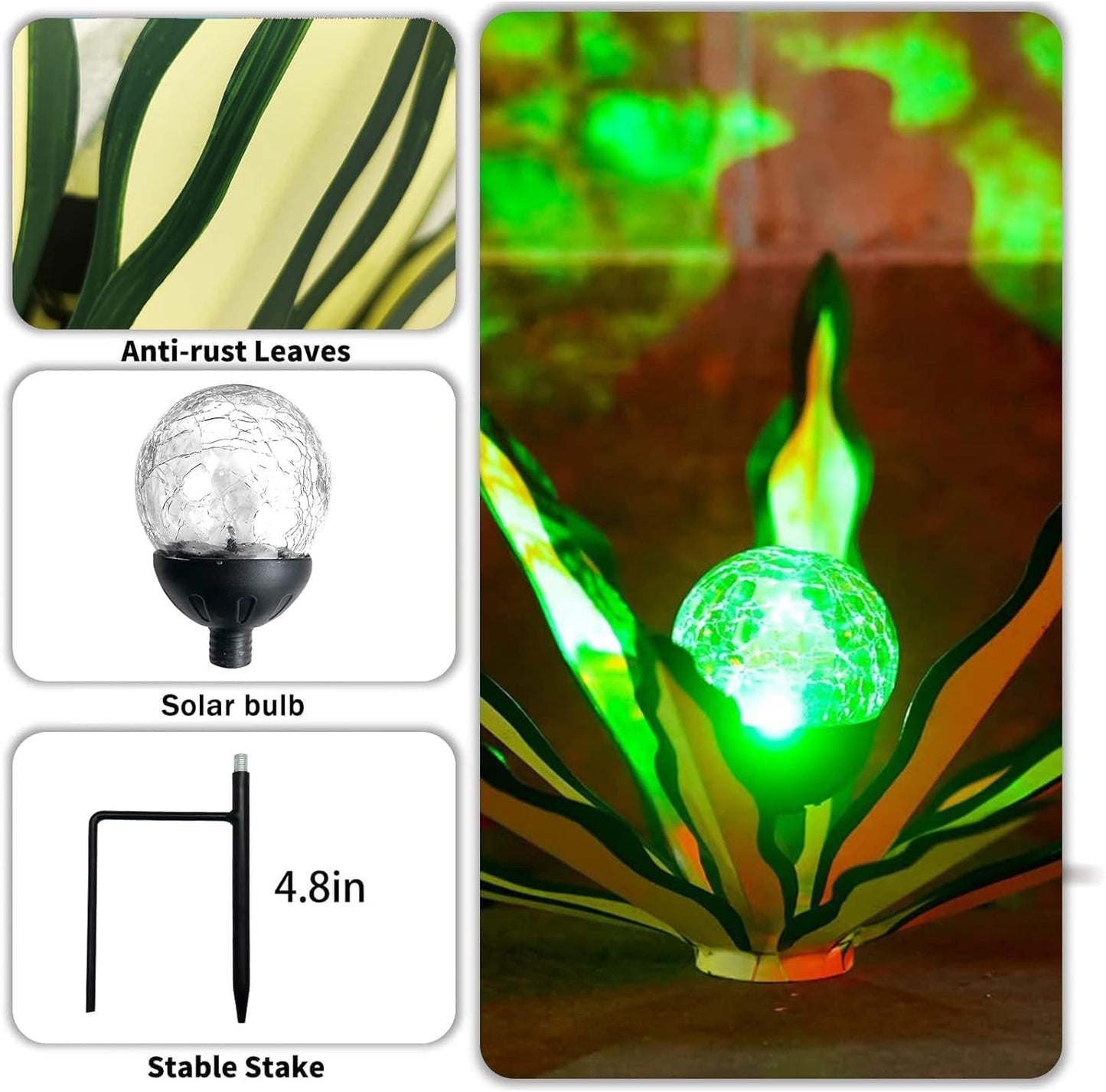 LCJECV Metal Agave Plant Garden Art, 2 Pack Tequila Rustic Sculpture, Rustic Metal Agave Plants Garden Lawn Home Ornaments, for Yard Stakes, Garden Figurines, Outdoor Patio (2 PCS Green with Light)