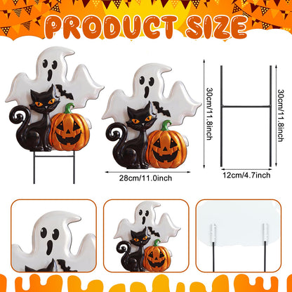 Junkin Halloween Metal Yard Stakes Ghost Black Cat Pumpkin Yard Signs Outdoor Spooky Decorative Garden Stakes Patio Lawn Walkway Backyard Porch Decorations for Scary Halloween Trick or Treat Party