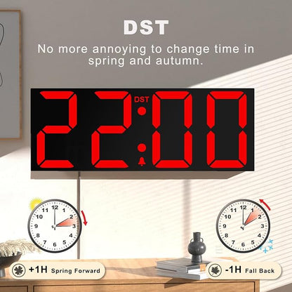 JALL 22" Large Digital Wall Clock, Big LED Number Dispaly, DST, Night Light for Classroom, Living Room, Bedroom, Mounted, Birthday Xmas Gift for Senior, Mem Womem Mom Dad, Red