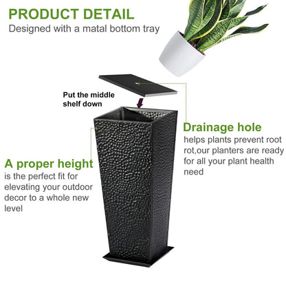 BAYN 2-Pack 24" Tall Metal Planter – Hand-Hammered Textured Large Black Flower Pots Box with Saucer for Outdoor&Indoor, Garden, Porch, Patio, Yard with Pre-Drilled Drainage Holes