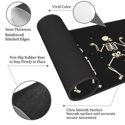 Dancing Skeleton Large Gaming Mouse Pad, Black Halloween Themed Extended Desk Mat with Non-Slip Base for Office & Home Decor 31.5 X 11.8 Inch