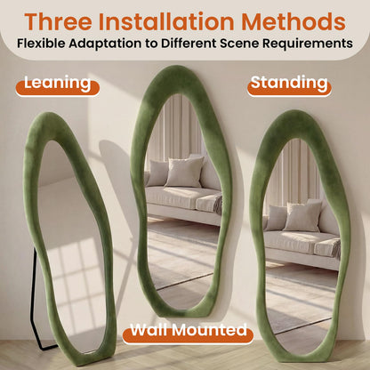 ZHUNFA Full Length Mirror,65×24 Mirror Full Length Wall Mounted Wrapped in Flannel,Featuring an Irregular Cloud Shaped Design,Room,Bedroom,Living Room Home Decor,Green.