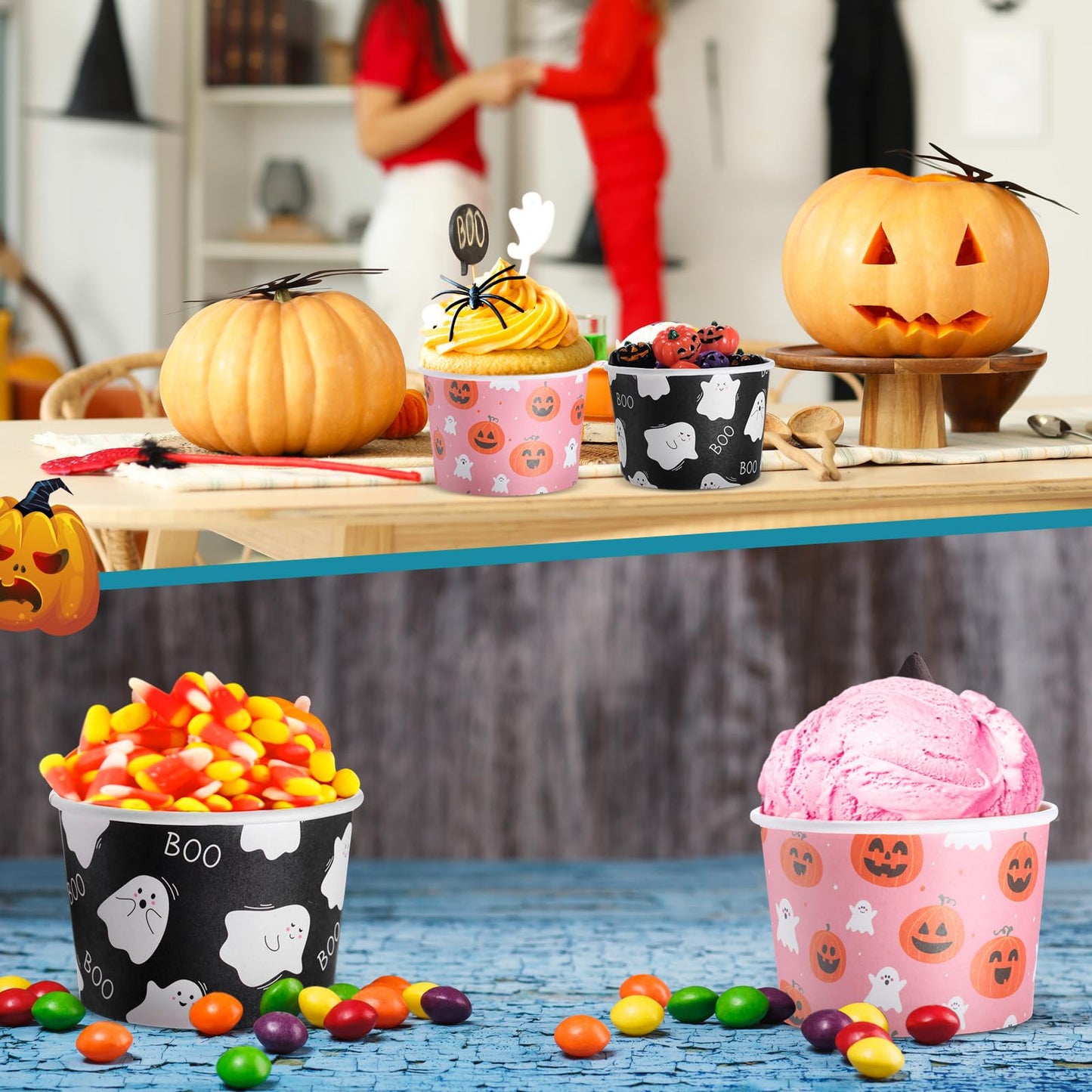Jingmore 100 Pcs 8 oz Halloween Treat Snack Cups Pink Ghost Pumpkin Disposable Bowls Boo Halloween Paper Bowl for Sundae Frozen Yogurt Soup Birthday Party Supplies