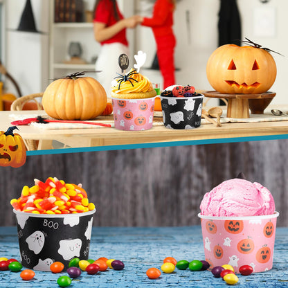 Jingmore 100 Pcs 8 oz Halloween Treat Snack Cups Pink Ghost Pumpkin Disposable Bowls Boo Halloween Paper Bowl for Sundae Frozen Yogurt Soup Birthday Party Supplies