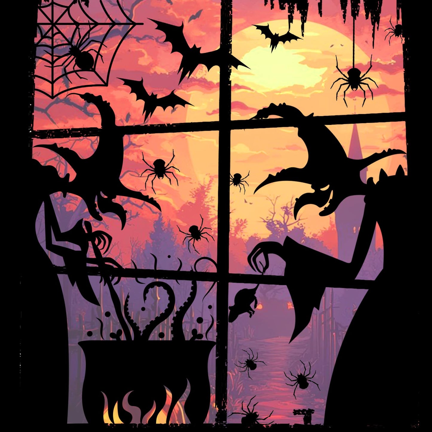 PPRAFDD Extra Large Halloween Window Clings Silhouette Decorations with Scary Witches Giant Spooky Monster Black Cat Bats Spiders Window Decals for Halloween Party (4 Sheets)