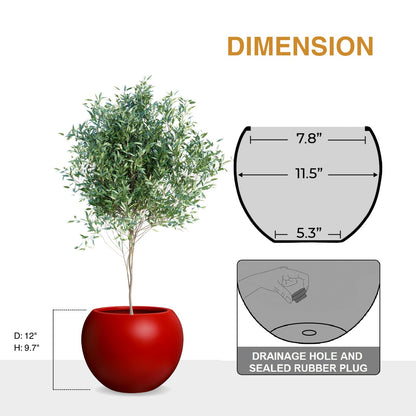 KUTE NEST 9.7"H x 12"D Premium Red Fiberstone Round Planter with Drainage Hole, Chinese & Lunar New Year Home Decor Pot, Smooth Finish, Weather Resistant Indoor & Outdoor, 2 Coco Mats (7.8" Opening)