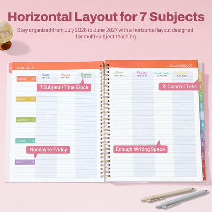 SUNEE Teacher Planner 2026-2027 Academic Year, 7 Periods Lesson Plan Book Jul 2026 - Jun 2027, 8.5"x11"Daily Weekly Monthly Organizers Horizontal Layout with Calendars, Bookmark, Tabs, Rainbow Stripes