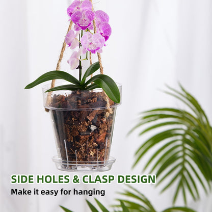 SUADEN 7.1 Inch Clear Acrylic Planter Pot with Tray,Orchid Pot with Drainage Holes,Side Holes for Hanging,Twist-Lock Saucer for Easy Moving, Transparent Containers for Indoor Plants Herbs