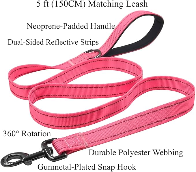 Dog Collar Leash Set, Durable Polyester with Safety Reflective Strips, 5 ft Matching Leash, Neoprene Padded Handle, Adjustable 4 Sizes for Small Medium Large Dogs.(L, Pink)