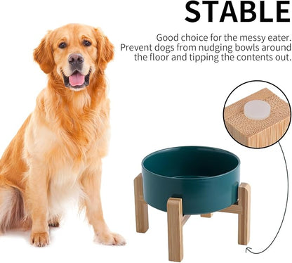 Green Raised/Elevated Ceramic Dog Bowl for Medium Large Sized Breeds,Large Dog Food Water Bowl with Stand,8 in Non Slip Heavy Weighted 1800ml/ 7.6 Cups/60 OZ
