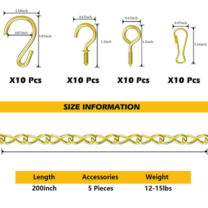 garini Hanging Plant Hooks,200 Inch Metal Glod Hanging Chain with S Hooks for Hanging Plants, Photo, Lantern, Billboards and Planters