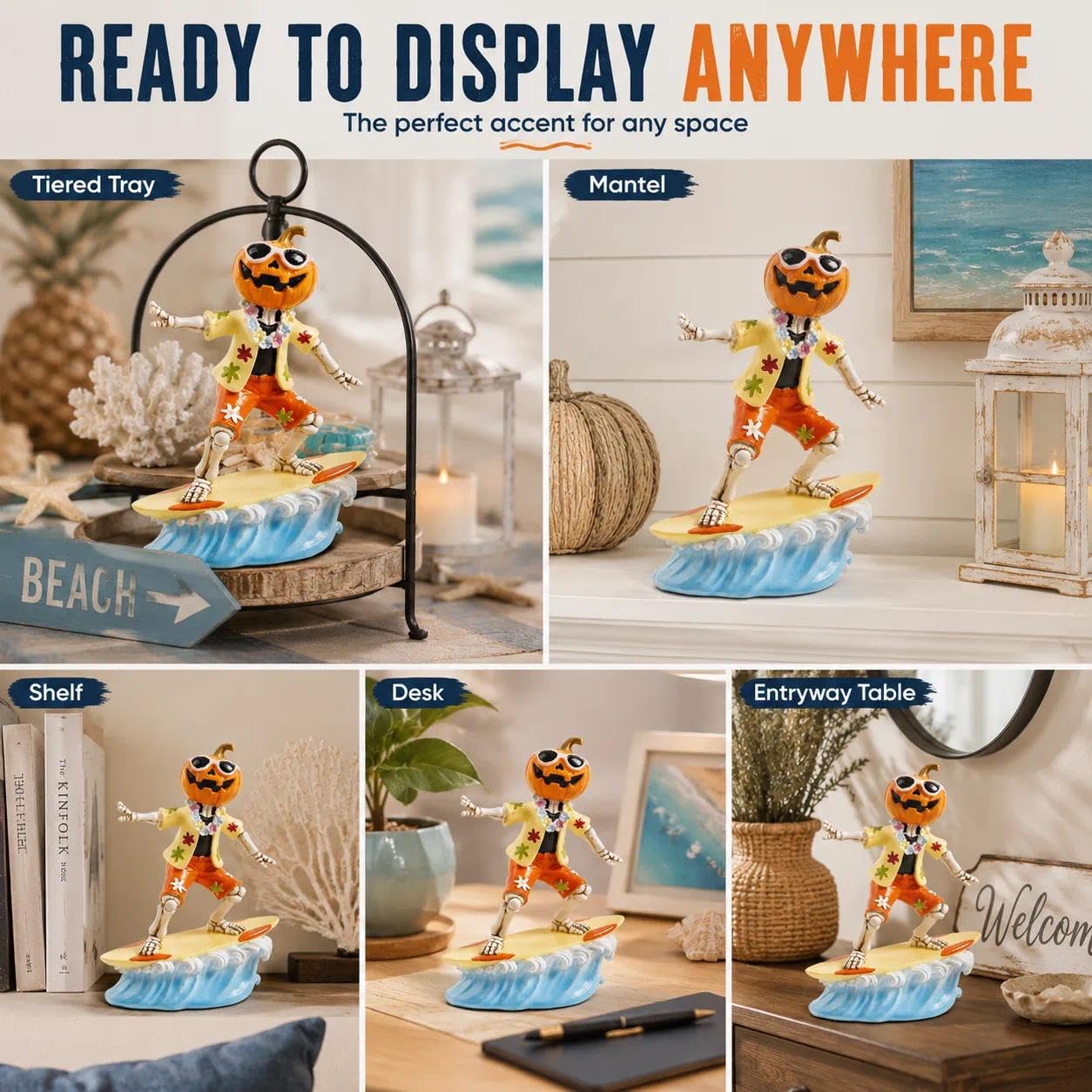 caiydramy Summerween Decorations for Home, 5.9" H Resin Surfing Pumpkin Skeleton Figurine, Spooky Summer Halloween Party Decorations, Tropical Hawaiian Beach Indoor Mantel Table Top Shelf Desk Decor