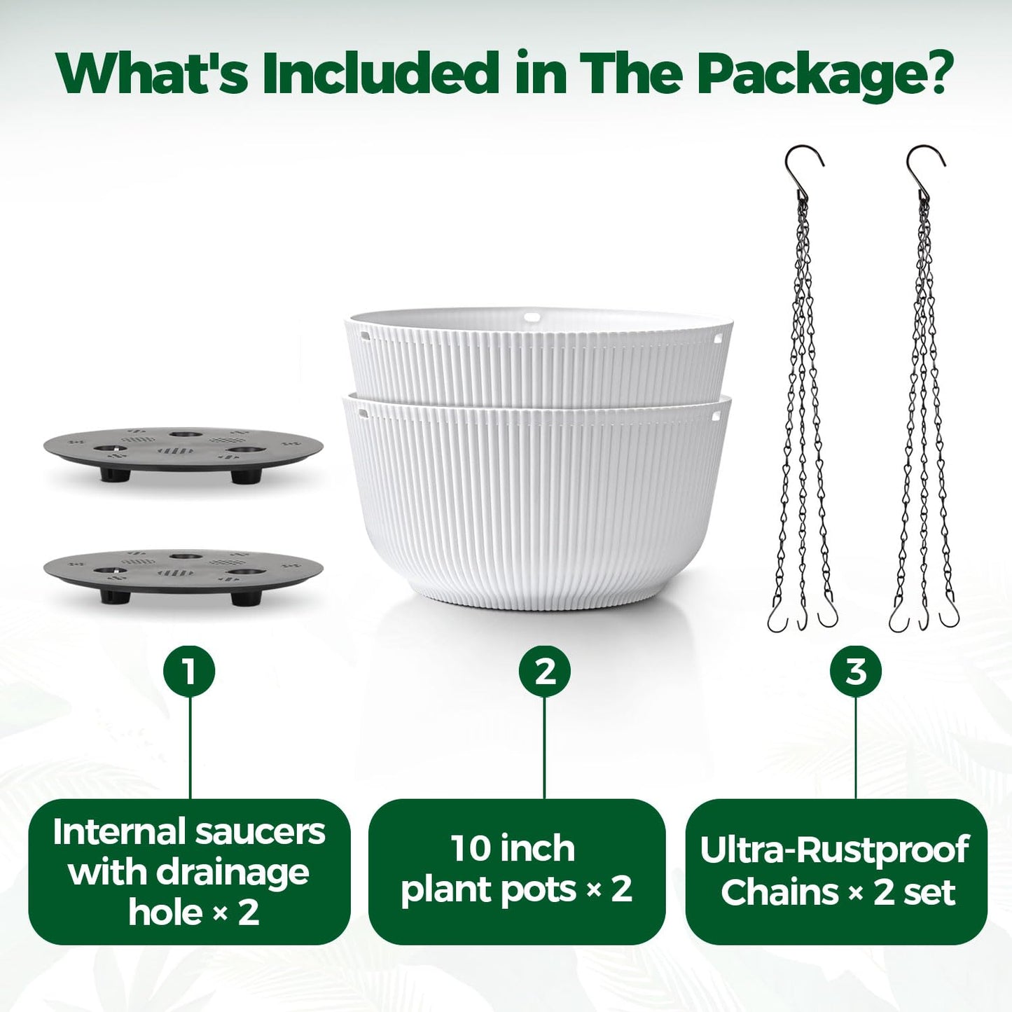 T4U 10 Inch Hanging Planters for Indoor Plants, 2 Pack White Self Watering Hanging Plant Pot, Hanging Pots Set with Drainage Hole & Plug & Chain with 3 Hooks for Garden Home Decor