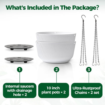 T4U 10 Inch Hanging Planters for Indoor Plants, 2 Pack White Self Watering Hanging Plant Pot, Hanging Pots Set with Drainage Hole & Plug & Chain with 3 Hooks for Garden Home Decor