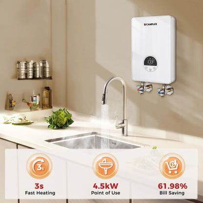 CAMPLUX Tankless Water Heater Electric 120V, 4500W Point of Use Instant Hot Water Heater, Save Space for Sink Wall Mounted LED Digital Display CSA Certified