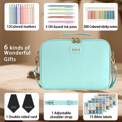Bible Cover for Women Bible Case, Large Bible Bag, Bible Study Supplies Bible Journaling Kit Book Carrying Case with Bible Highlighters Tabs, Valentines Day Christian Gifts for Women (Blue)
