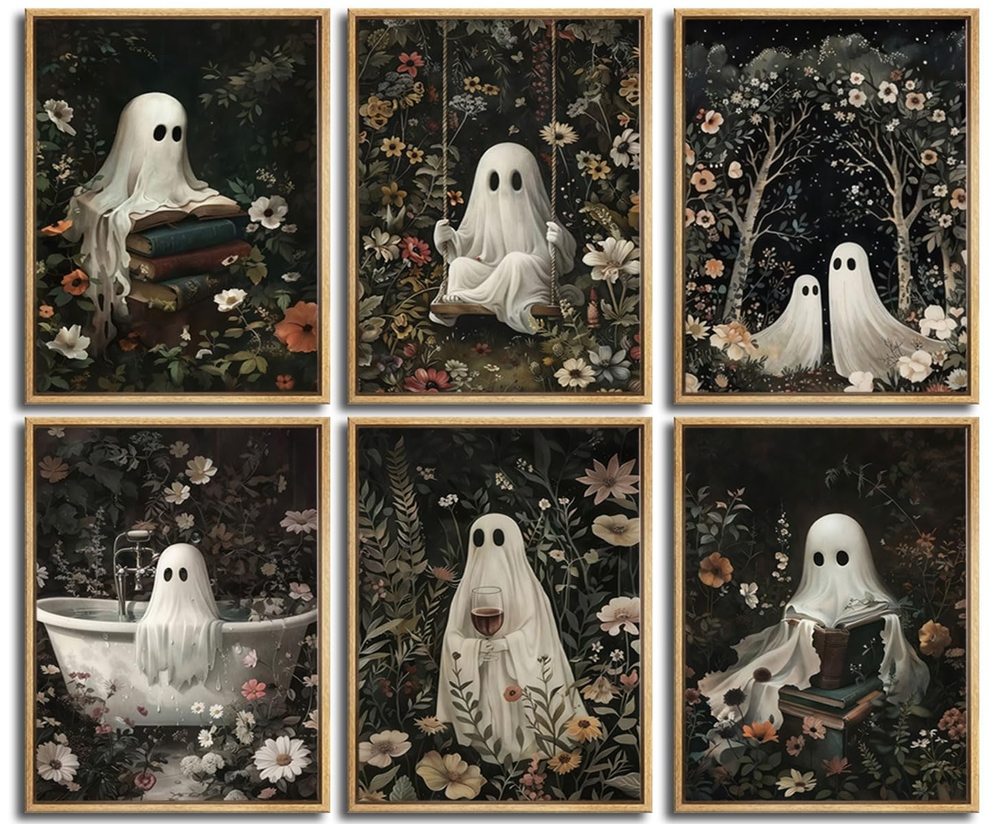 6 Pcs Flower Bush Ghost Wall Art Ghost Reading Swing Bathtub Wall Decor Pictures Halloween Dark Forest Cute Ghost Poster Prints for Dark Academy Bathroom Bedroom Home Decoration 12x16in Unframed