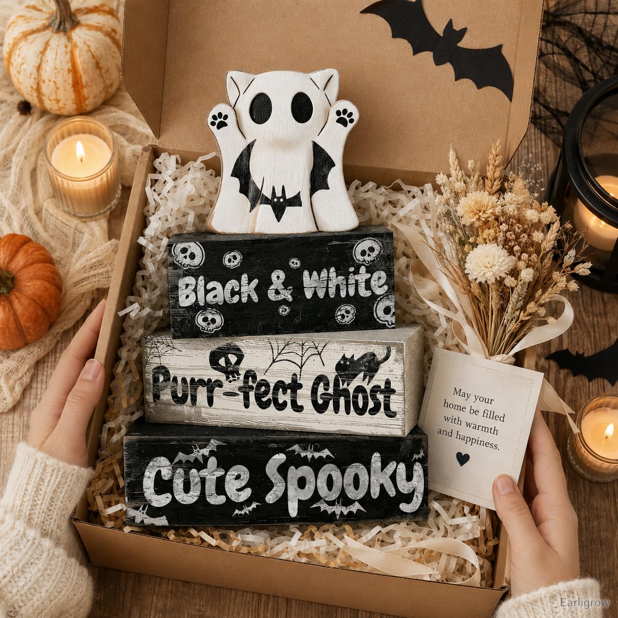 4 Pcs Ghost Cat Halloween Decor Black and White Halloween Tiered Tray Decorations Cute Spooky Rustic Wooden Blocks with Skull Bats Spider Webs Farmhouse Table Centerpiece for Home Office Desk Shelf Mantel Coffee Bar