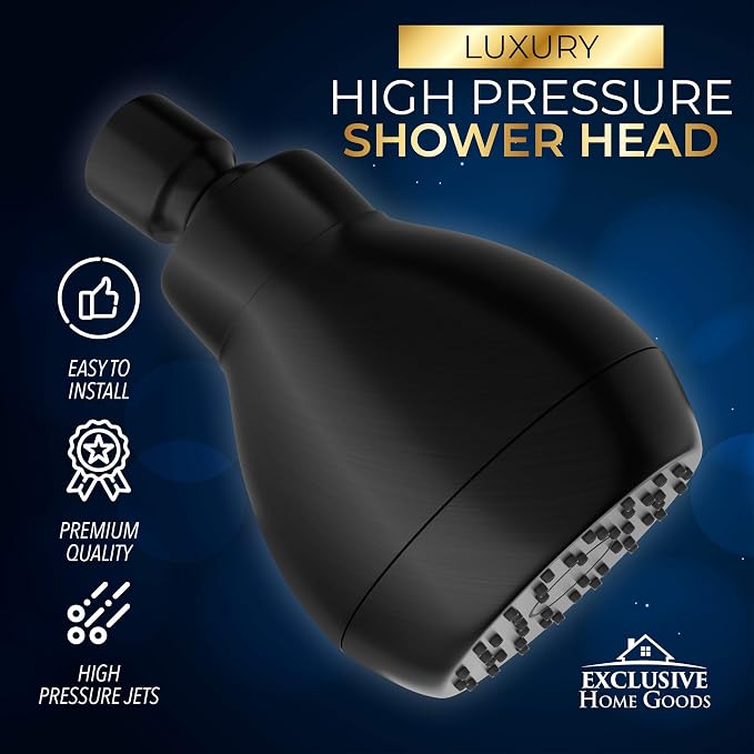 High Pressure Shower Head - Powerful Deluxe Bathroom Showerhead with Strong Spray Stream and Small Silicone Nozzles - Universal Fit Works with High and Low Water Flow Showers (Matte Black)-1.8 GPM