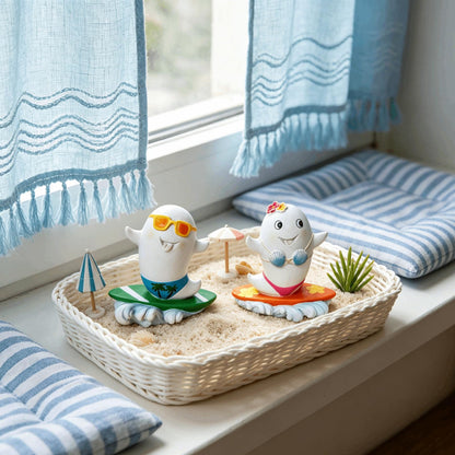 DiliComing Summerween Ghost Figurines Summer Decor - 4 Inch Set of 2 Cute Surfing Ghost Resin Statues Summer Party Tropical Beach Themed Collectible Figurines for Home Decor Halloween Decorations