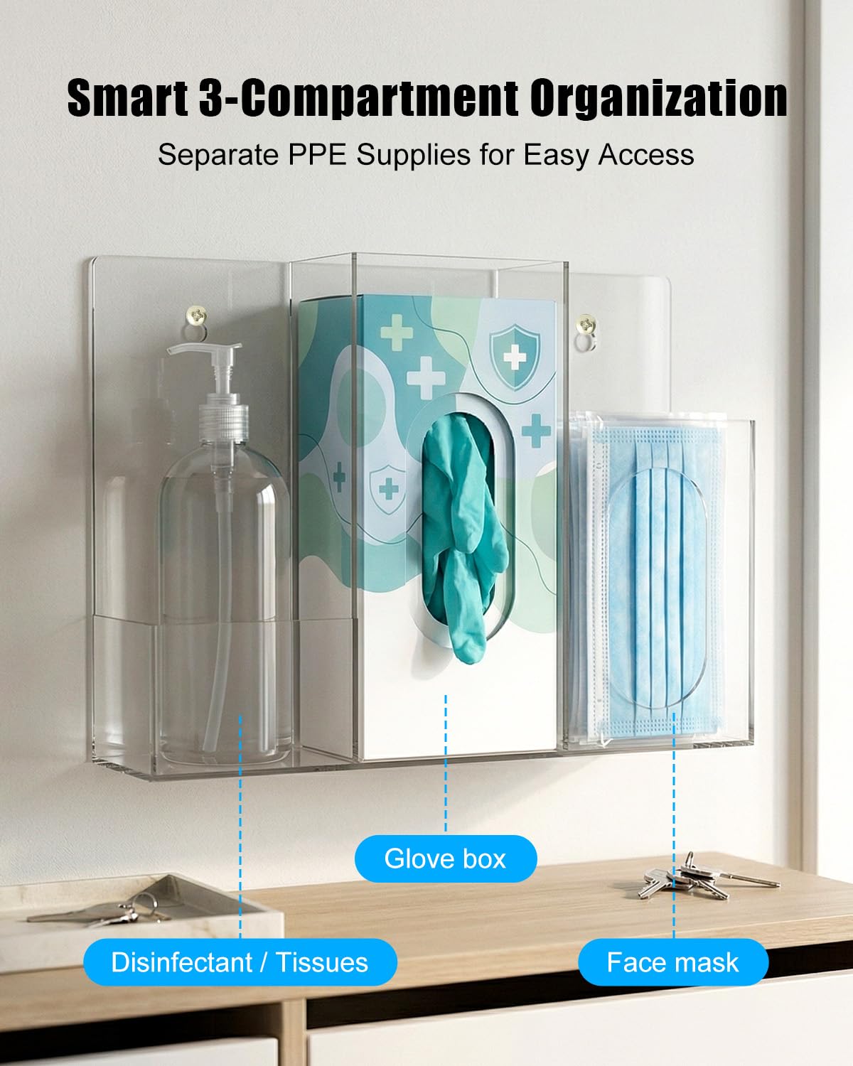 Triple Hygiene Dispenser Station, Clear Acrylic 3-Compartment PPE Organizer for Masks, Gloves & Hand Sanitizer, Wall Mount or Tabletop Hygiene Supply Holder for Office, Clinic, Restaurant, School