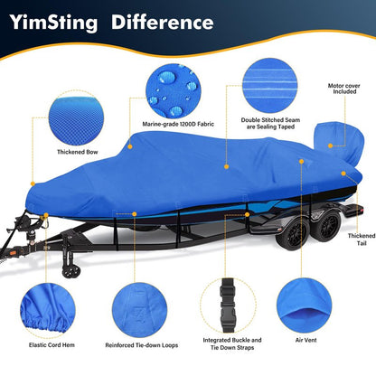 YimSting 1200D Waterproof Boat Cover - Fits 20' to 22' ft Bass, V-Hull, Tri-Hull, Fish & Ski, Runabout Bowrider Boats - Heavy Duty Canvas Blue