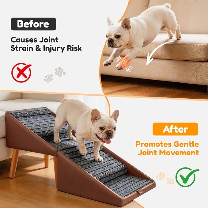 17" H Dog Stairs for Small Dogs – 4-Step Non-Slip Dog Ramp for Couch, Foldable 2-in-1 Pet Stairs & Ottoman, Upgraded Pet Steps for Puppies, Senior Dogs & Injured Pets, Solid Wood Frame (Brown)