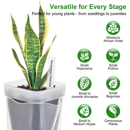 softum 8 Pack 4" Self Watering Pots for Indoor Plants, Clear Plastic Propagation Cups with Wick and Plant Labels for Cuttings, Seedlings, Herb, African Violet
