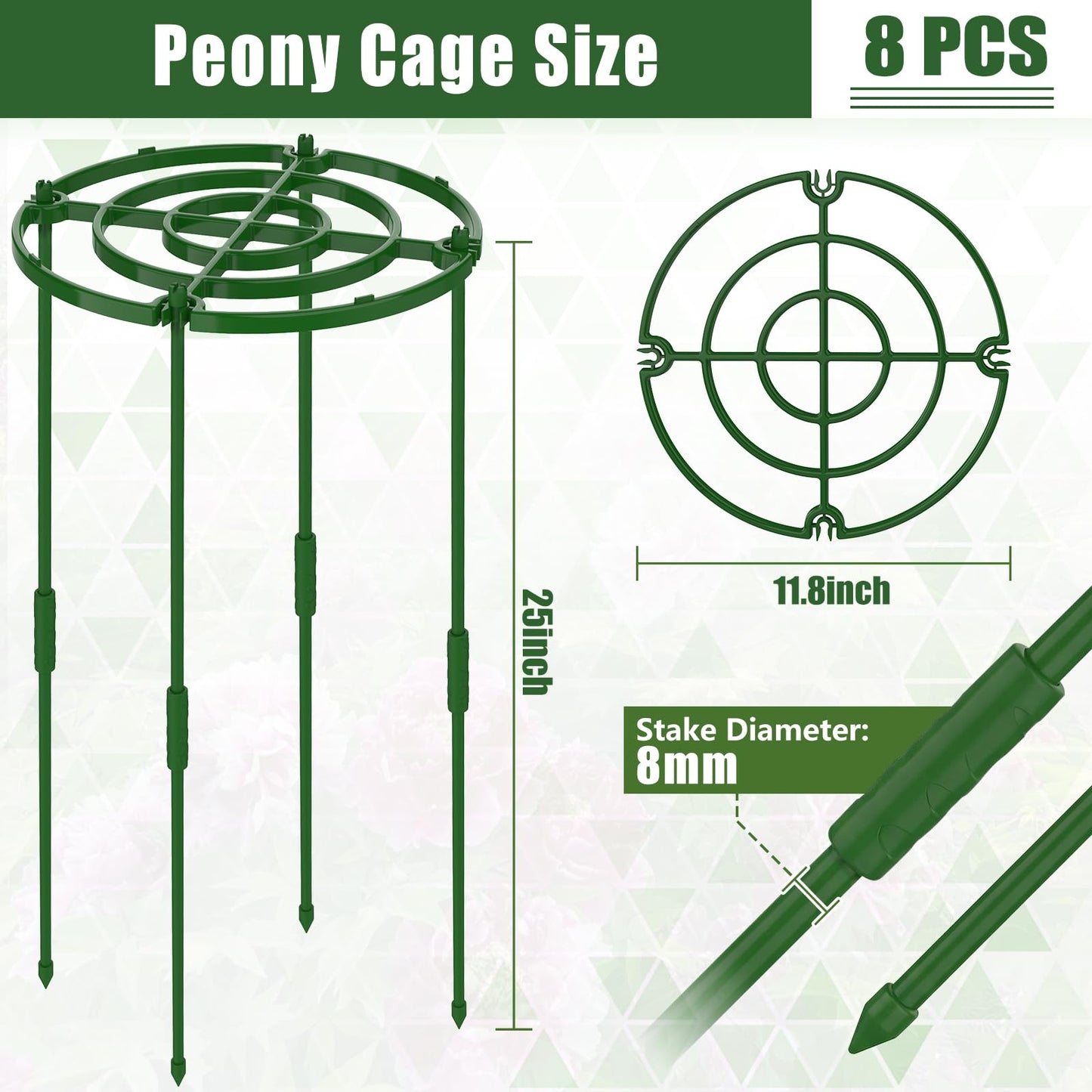 8 Pack Peony Cages and Supports, 11.8" D x 25" H Plant Supports for Outdoor Plants, Peony Support Cage Flower Support Rings, Plant Support Ring for Rose Tomato Hydrangea Strawberry