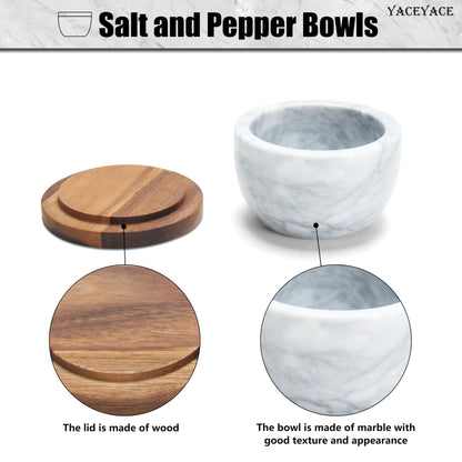 YACEYACE White Modern Marble Salt Bowl, 4oz Small Salt Cellar with Acacia Wood Lid, Elegant White Salt Spice Seasoning Bowl, Container Jar Holder