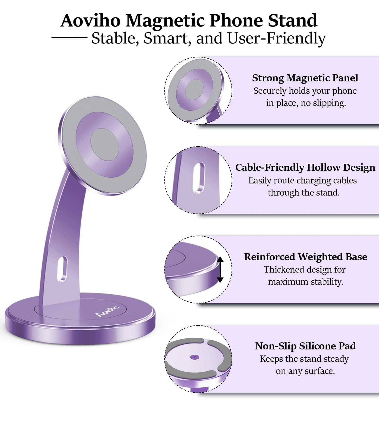 Aoviho Magnetic Phone Stand for Desk – 360° Rotating Aluminum Phone Holder, Stable Desk Stand for Office, Home & Kitchen, Compatible with iPhone 17 Pro Max 16–12 Series and MagSafe Cases, Purple