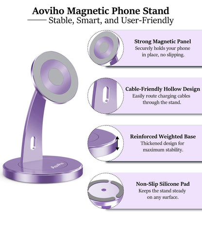 Aoviho Magnetic Phone Stand for Desk – 360° Rotating Aluminum Phone Holder, Stable Desk Stand for Office, Home & Kitchen, Compatible with iPhone 17 Pro Max 16–12 Series and MagSafe Cases, Purple